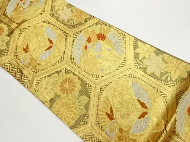 佐賀錦亀甲に鶴・蝶・草花模様織出し袋帯